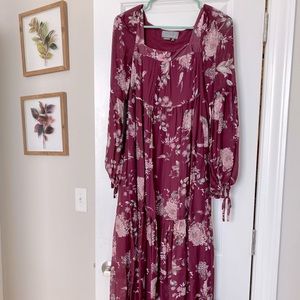 Anthropologie Maroon Floral Long Sleeve Maxi Dress XS
